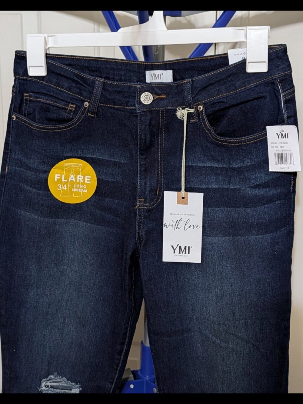 Flirty NWT Sz 13 / 31 Long YMI Dark Blue High Rise Flare Stretch Denim Jeans - Picture 2 of 3